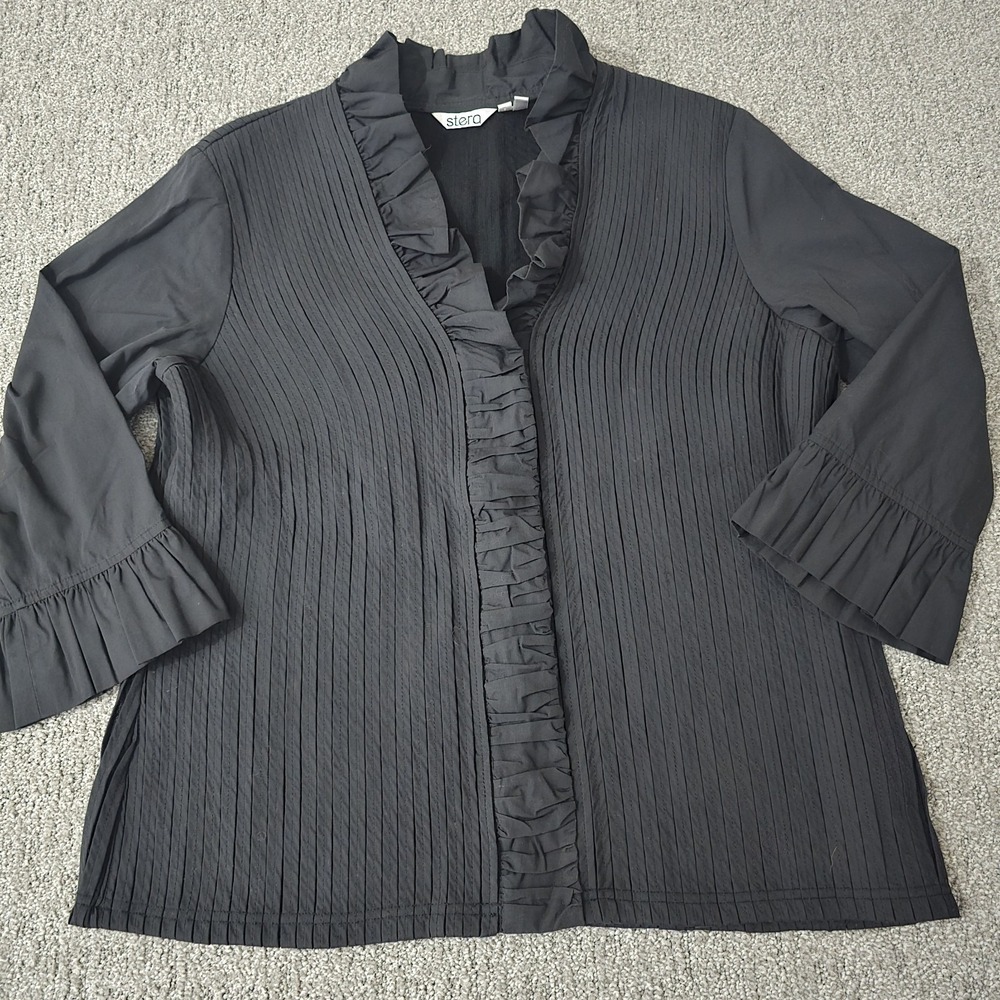 Stera Black Pleated Ruffle Blouse 3/4 Sleeve Zip Snap Dark Romantic Womens M